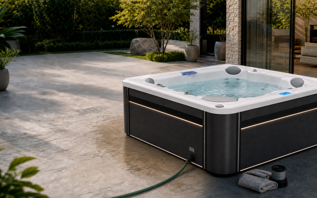 Valora hot tub being prepared for a drain, clean, and refill maintenance routine