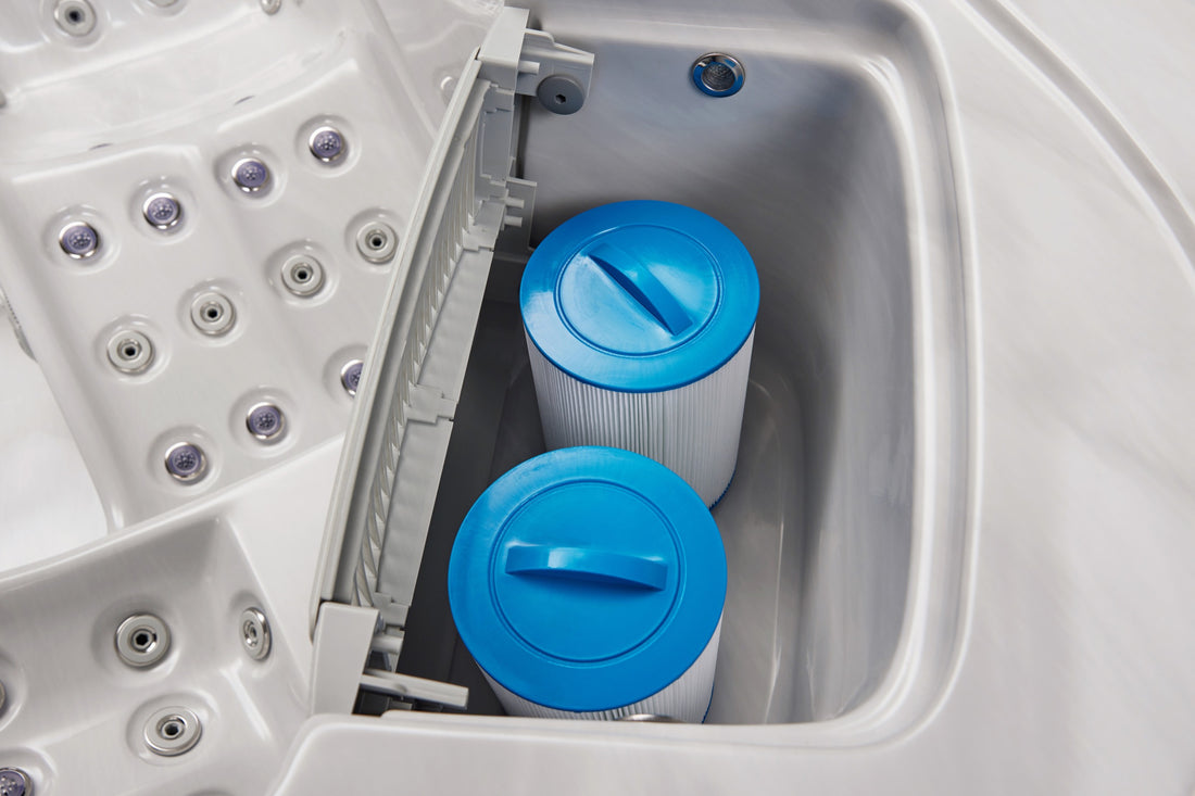 OF-5003Pro hot tub filter compartment opened to inspect the filter cartridge