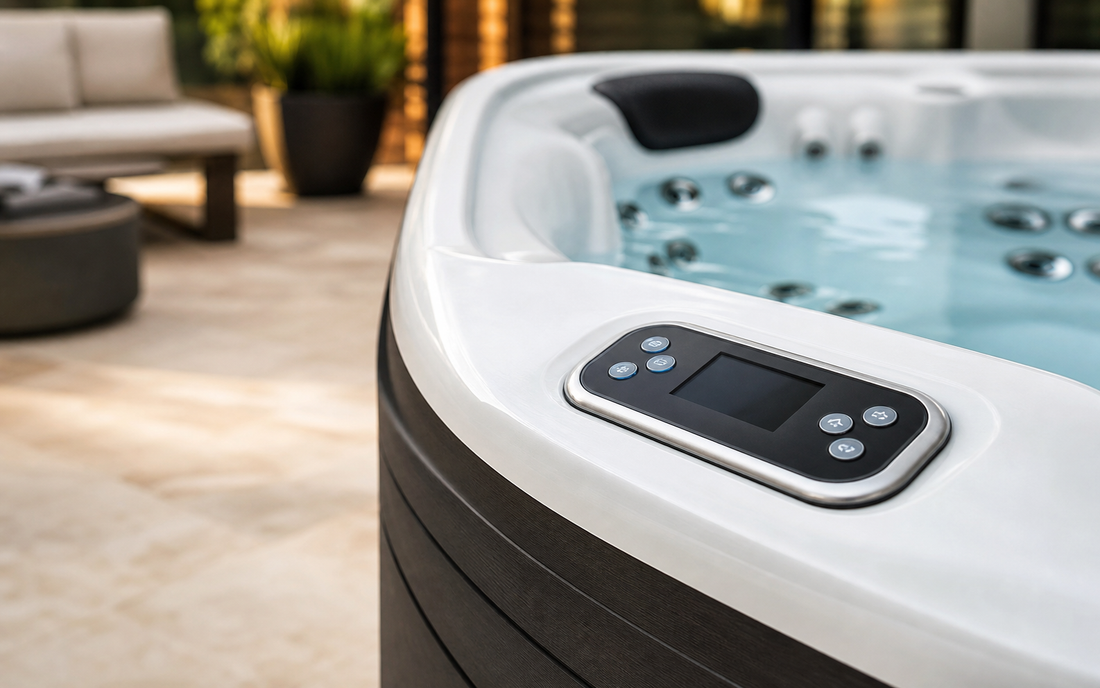 Hot tub control panel and water controls shown for basic operation guidance