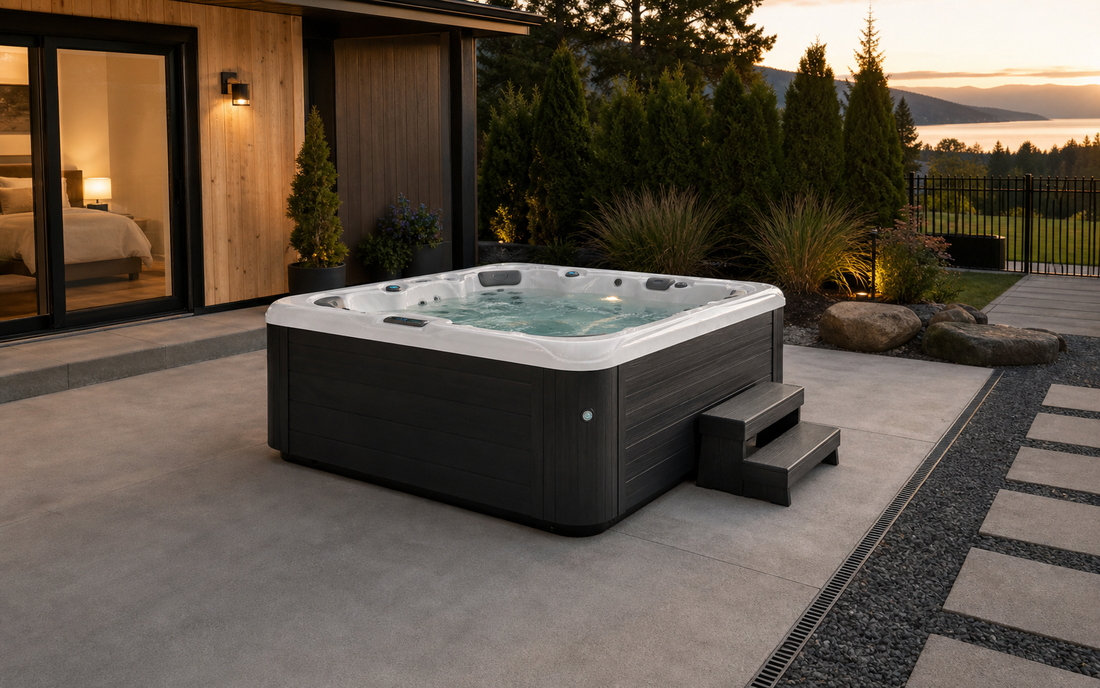 Hot tub installation planning scene with clear access and maintenance space
