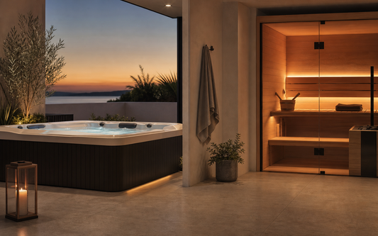 Hot tub and sauna shown as two home wellness options in a premium outdoor setting