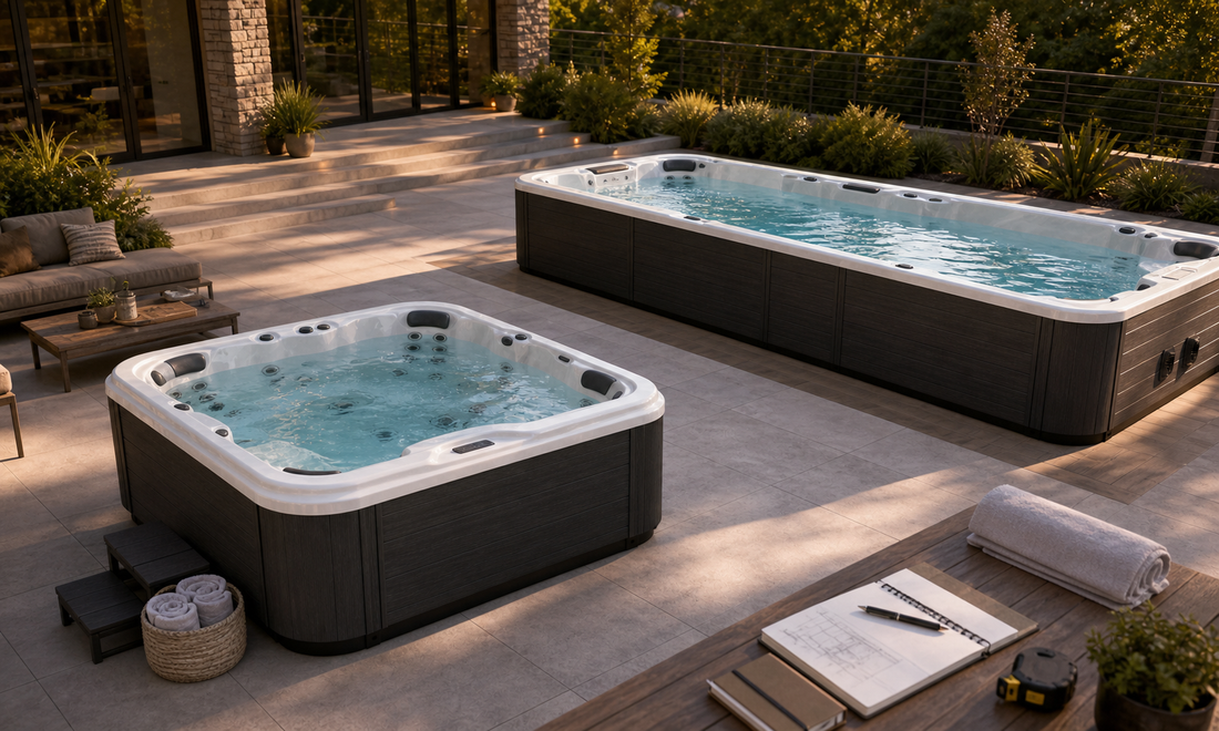 Hot tub and swim spa shown together in a premium backyard comparison scene