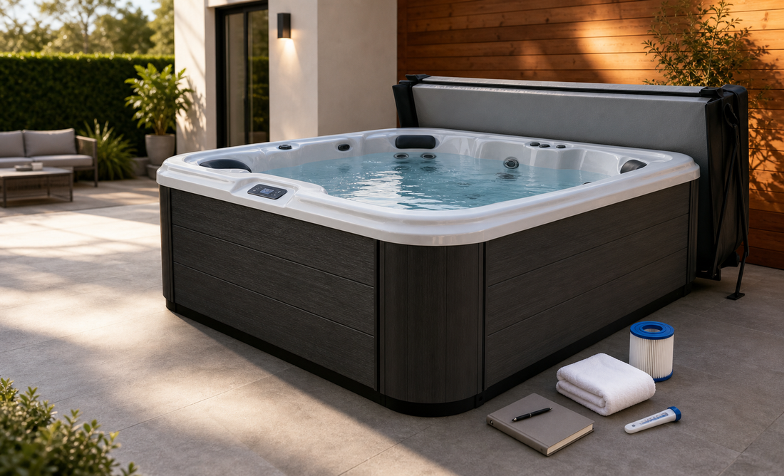 Hot tub heating troubleshooting scene with filter, cover, water level, and control checks