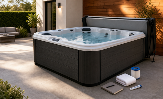 Hot tub heating troubleshooting scene with filter, cover, water level, and control checks