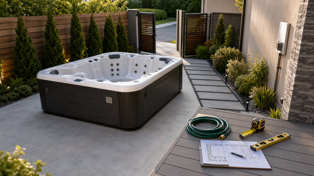Hot tub pre-delivery planning scene with clear access path, level base, water hose, measuring tape, and electrical location