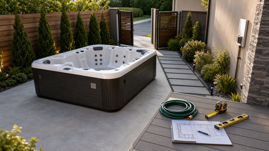 Hot tub pre-delivery planning scene with clear access path, level base, water hose, measuring tape, and electrical location