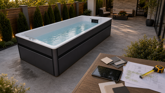 OF-503T swim spa in a residential quote-planning scene with material samples, site plans, and installation measurements