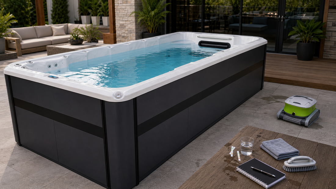 OF-402BU swim spa in a lived-in residential patio setting with first-week water care supplies and a green robotic pool cleaner