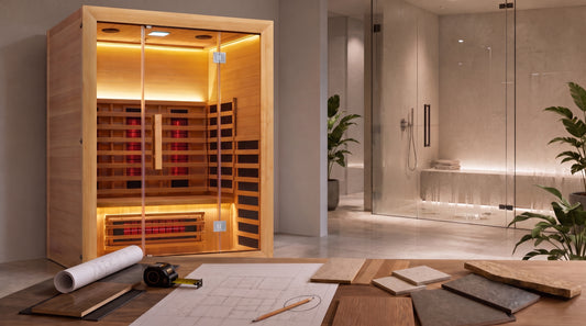 OFS02-3 infrared sauna beside a glass steam room in a lived-in home wellness planning space