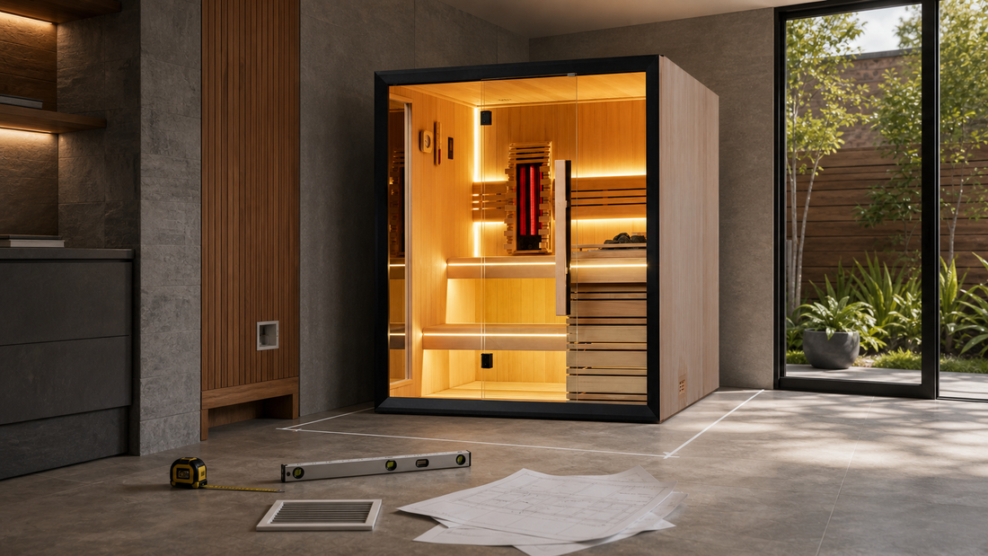OFS07G-1 sauna in a residential pre-installation planning scene with level, ventilation, electrical, and service-clearance checks