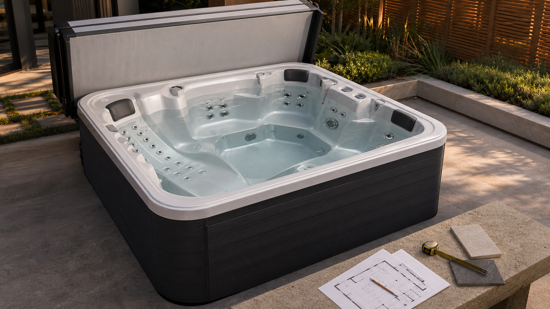 Valora hot tub seating layout planning scene showing one lounger, upright seats, an open footwell, and measuring materials