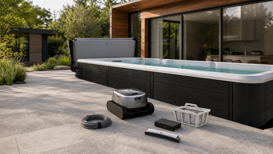 Robotic pool cleaner, filter basket, and brush prepared beside a dark-cabinet swim spa on a modern patio
