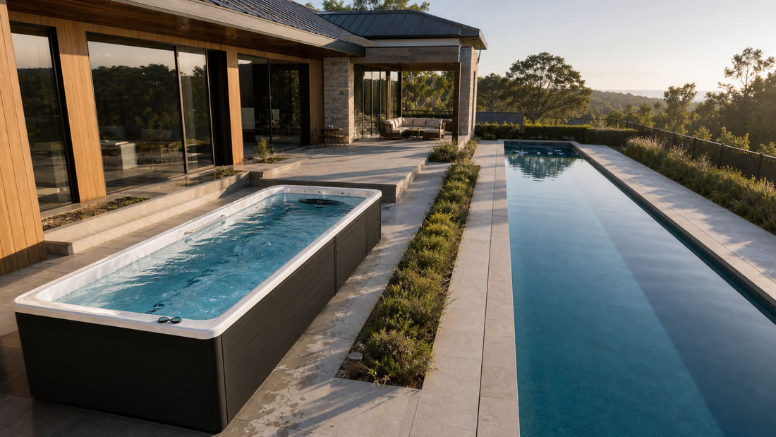 Compact freestanding swim spa beside a much longer in-ground lap pool in a modern residential backyard
