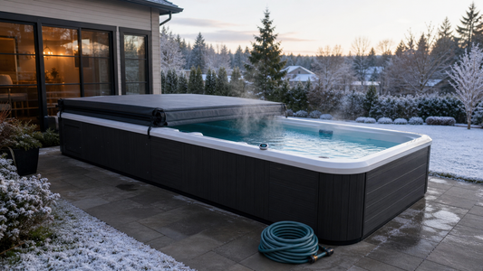 Covered dark-cabinet swim spa with warm circulating water, light steam, cleared patio, and disconnected hose in early winter