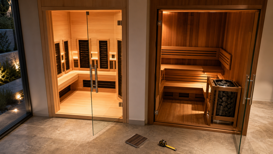 Two adjacent wood sauna rooms comparing wall-mounted infrared panels with a protected electric sauna heater and stones