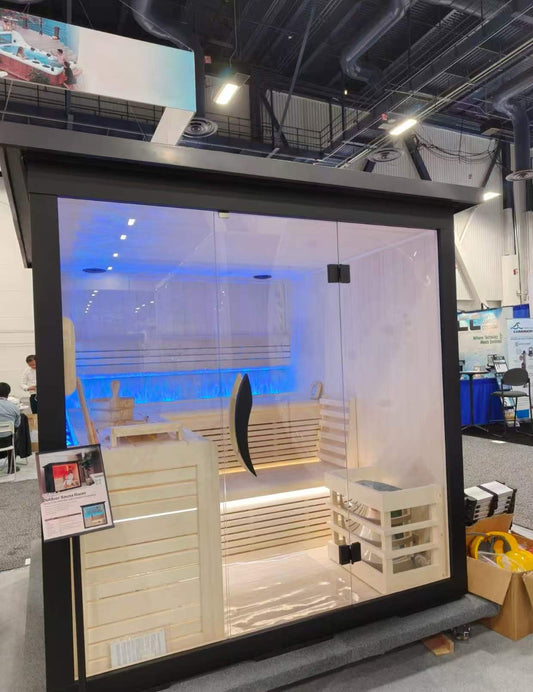 Valora OFS05-3-T outdoor sauna displayed at the 2025 International Pool Spa Patio Expo in Las Vegas