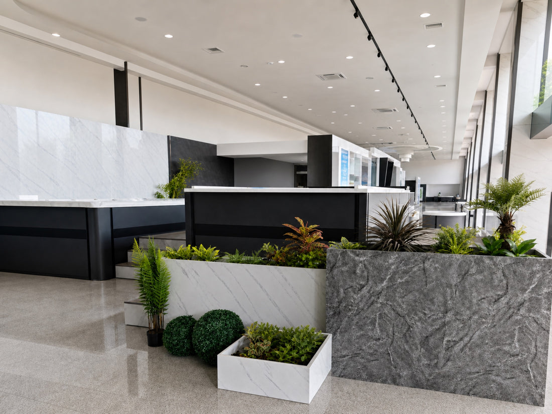 Hot tubs with contrasting shell and cabinet finishes displayed inside the Valora Spas showroom