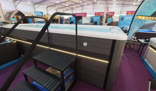 Valora swim spa display at the 2026 Spring Canton Fair with entry steps and handrails