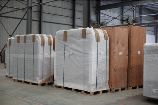 Packaged Valora hot tubs protected on pallets before shipment from the factory