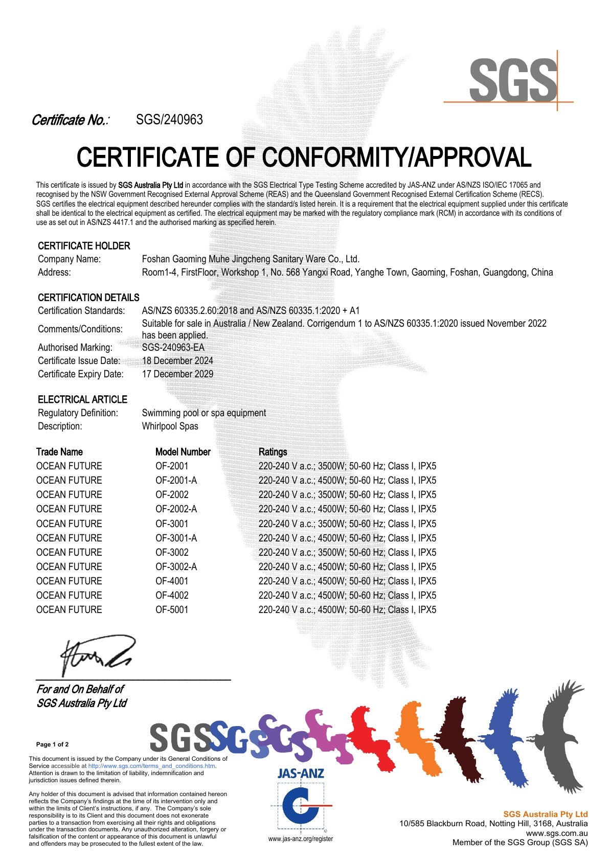 SAA Certificate of Conformity — Seite 1