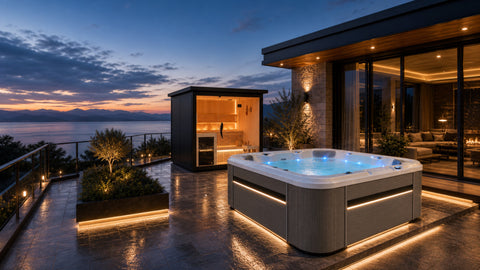 Hot tub and sauna in a modern villa setting