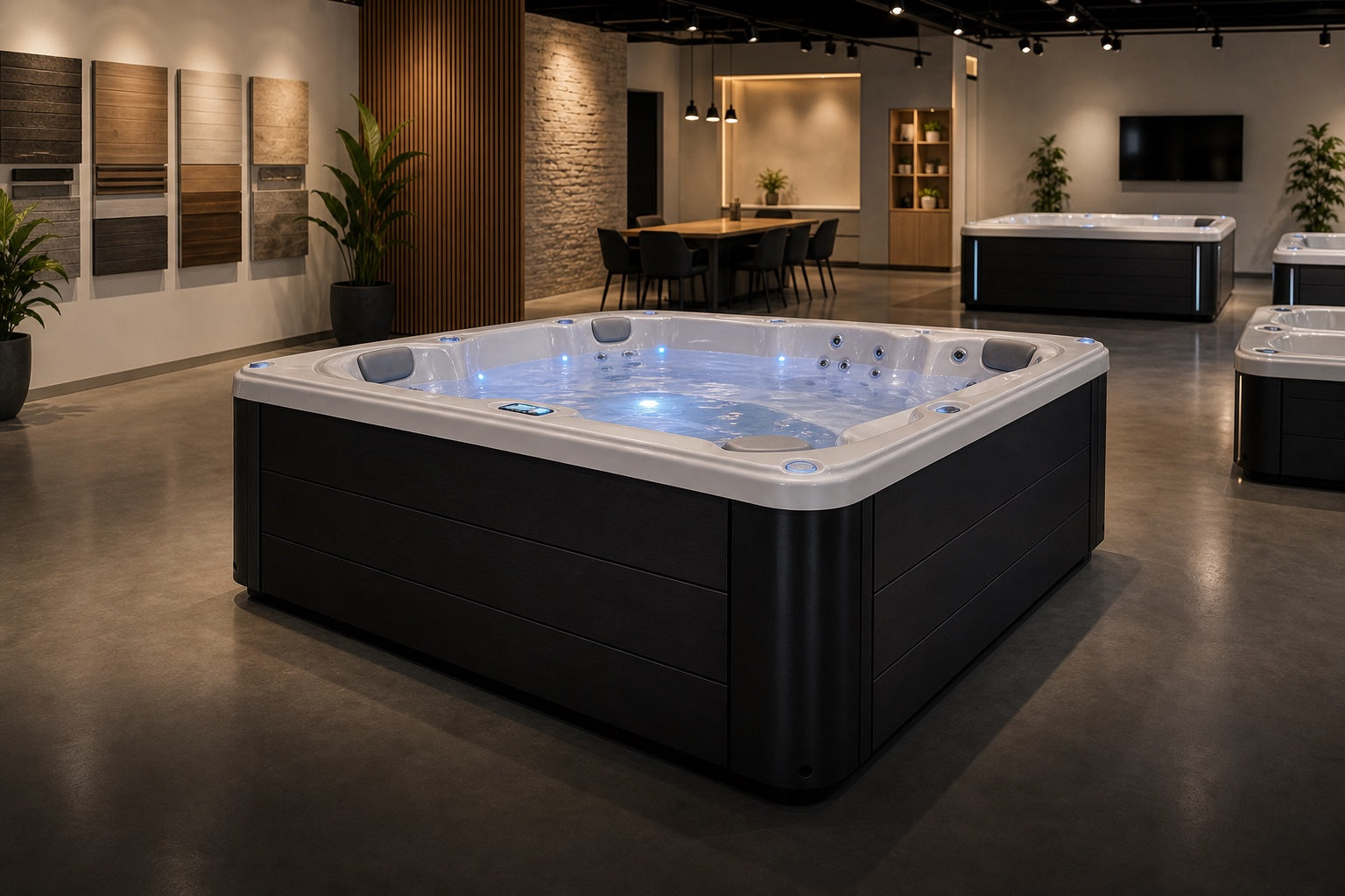 OF-6004 hot tub displayed in a dealer showroom