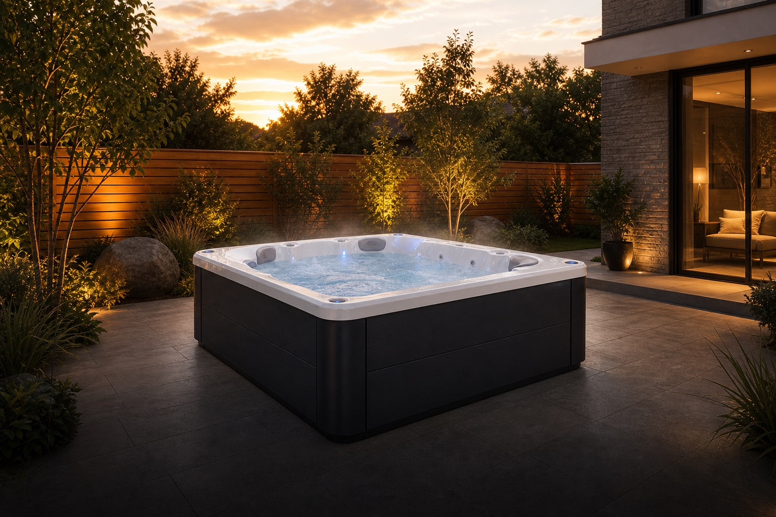 OF-6004 hot tub installed in a private backyard
