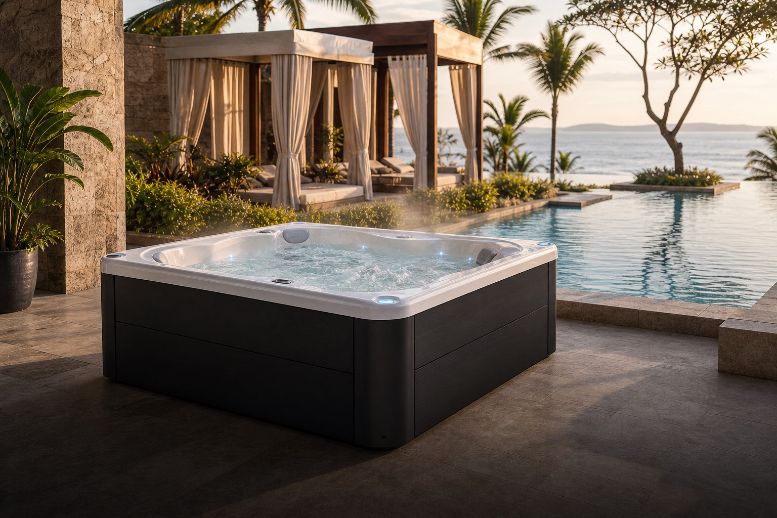 OF-6004 hot tub on a resort hospitality terrace
