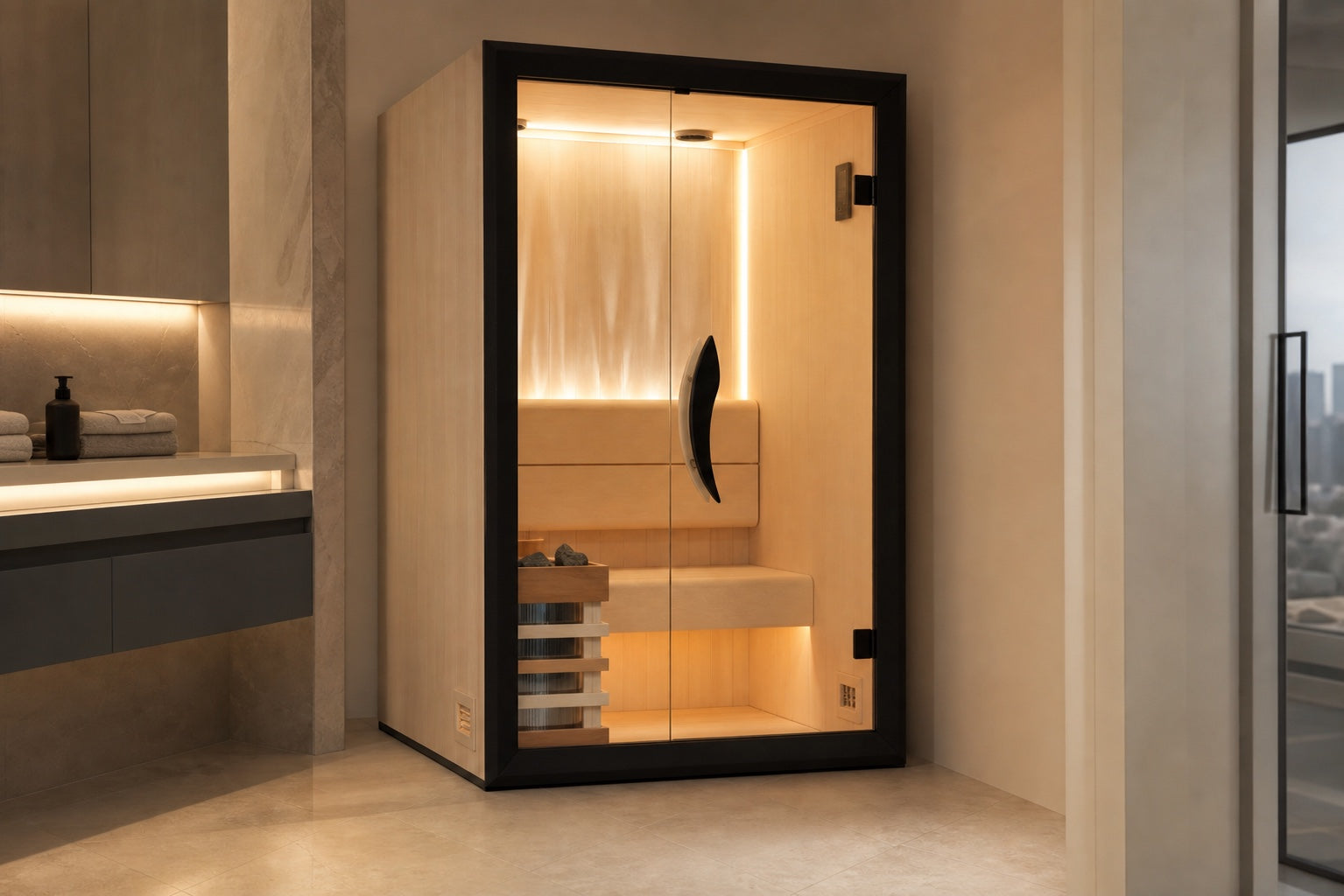 OFS05-2 sauna room in a compact indoor spa setting