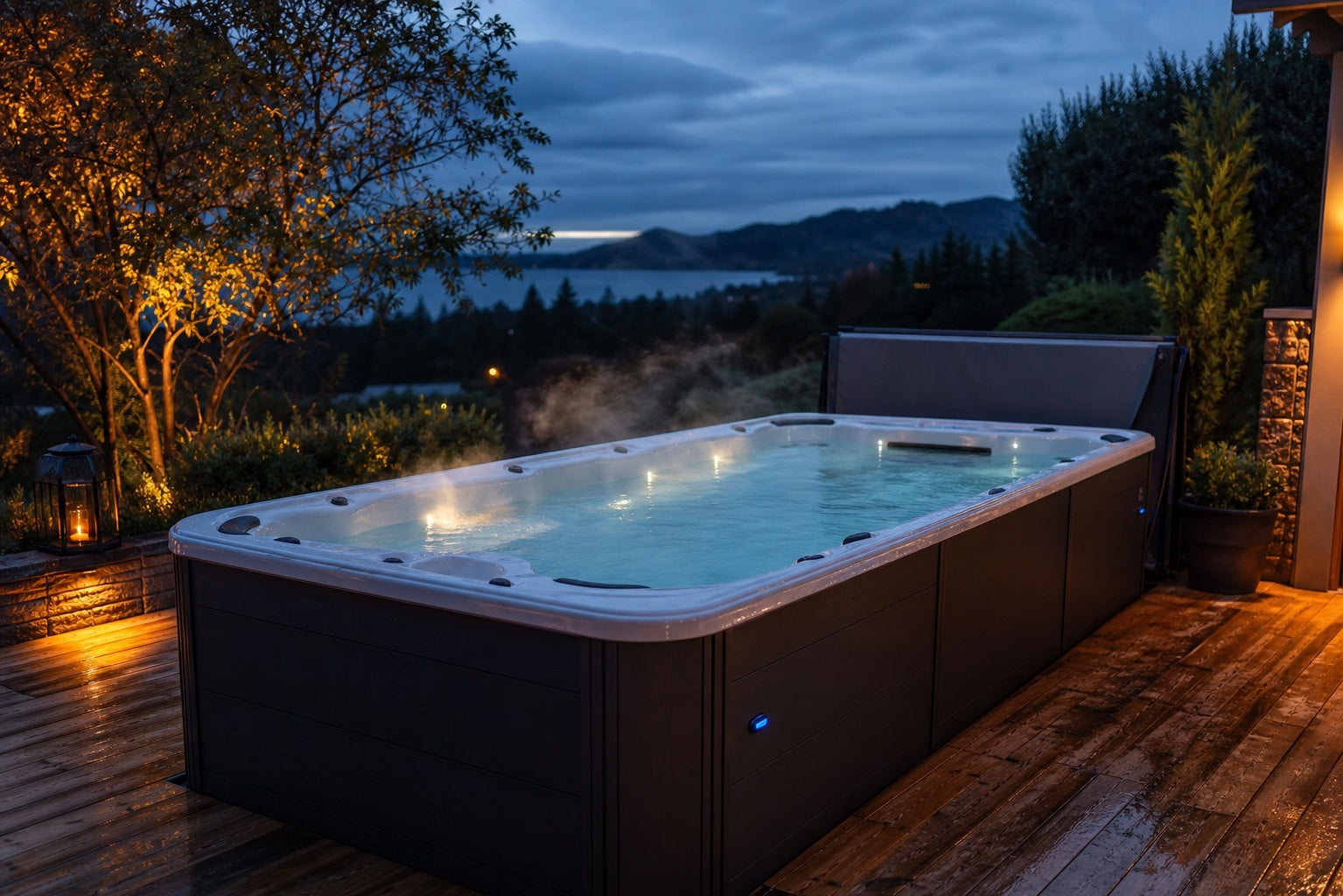 Heated long swim spa in a cool evening outdoor retreat