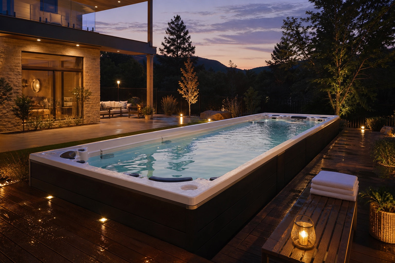 Long swim spa installed beside a modern private home at dusk