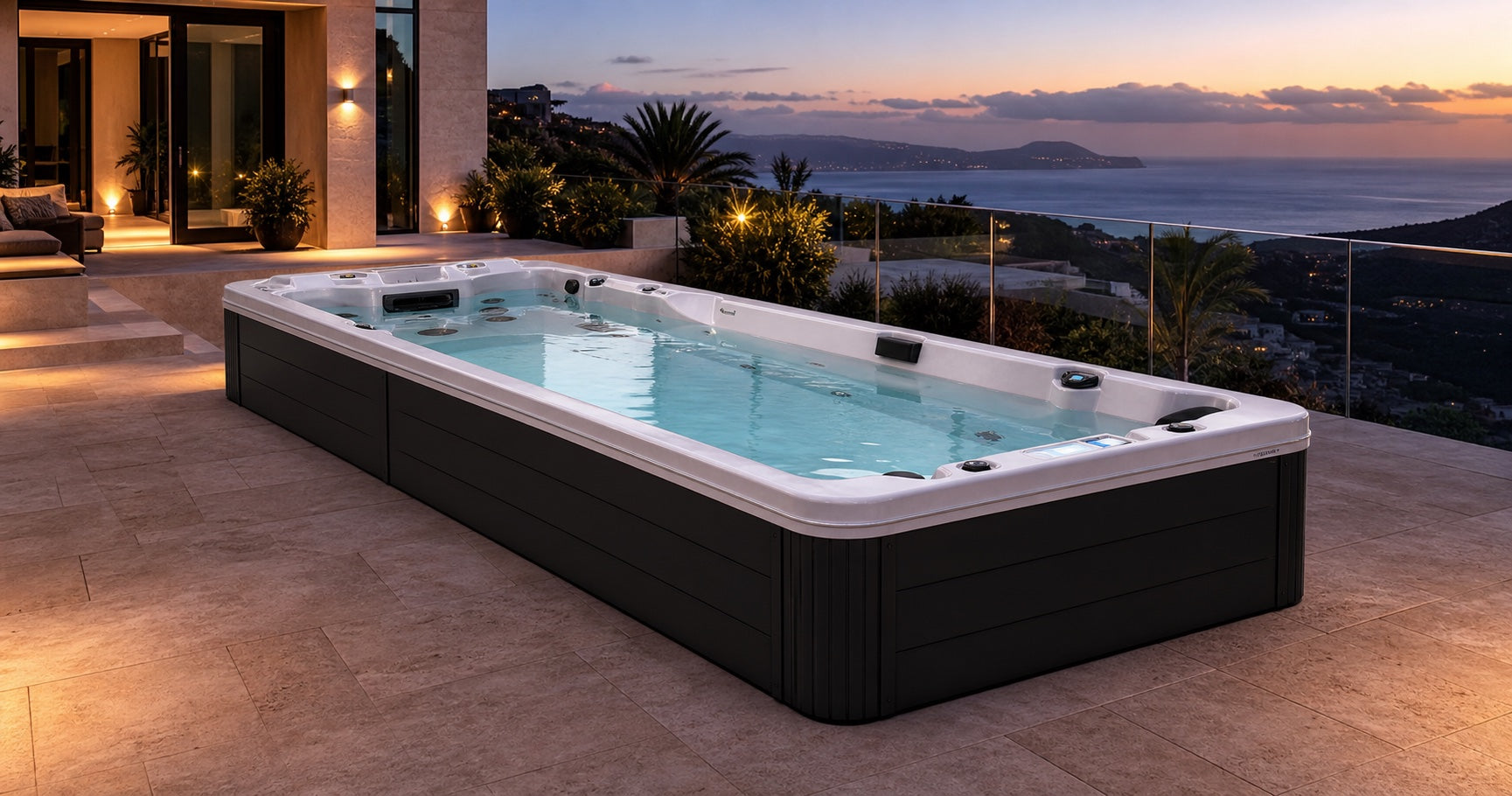 Long swim spa on a premium coastal resort terrace