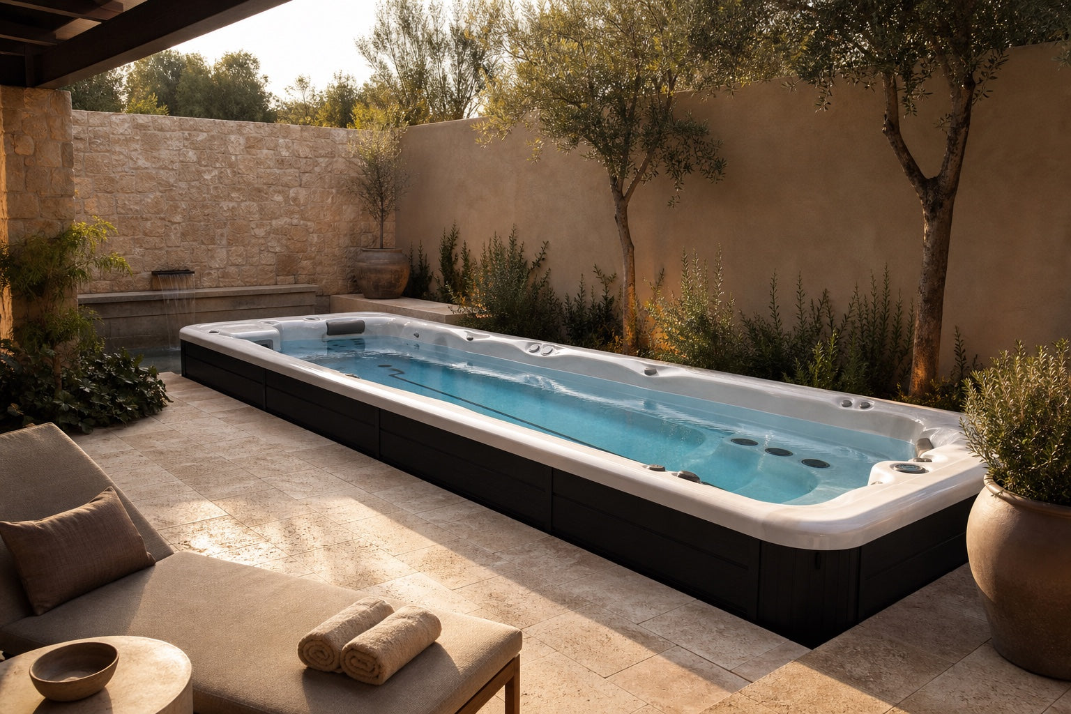 Long swim spa integrated into a quiet boutique wellness courtyard