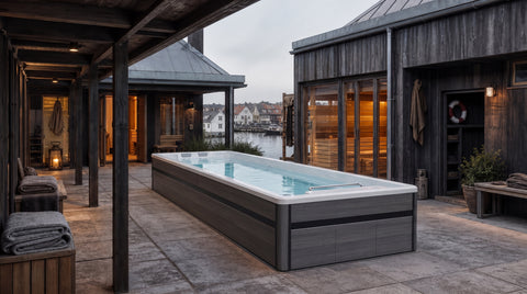 Swim spa beside a Nordic harbour